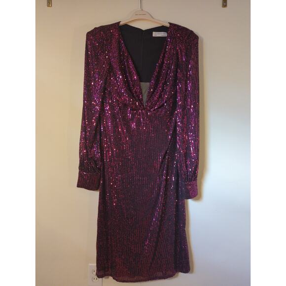 Mac Duggal Magenta Sequin Puff Sleeve V-Neck Long Sleeve Midi Dress Size 16 - Picture 3 of 8